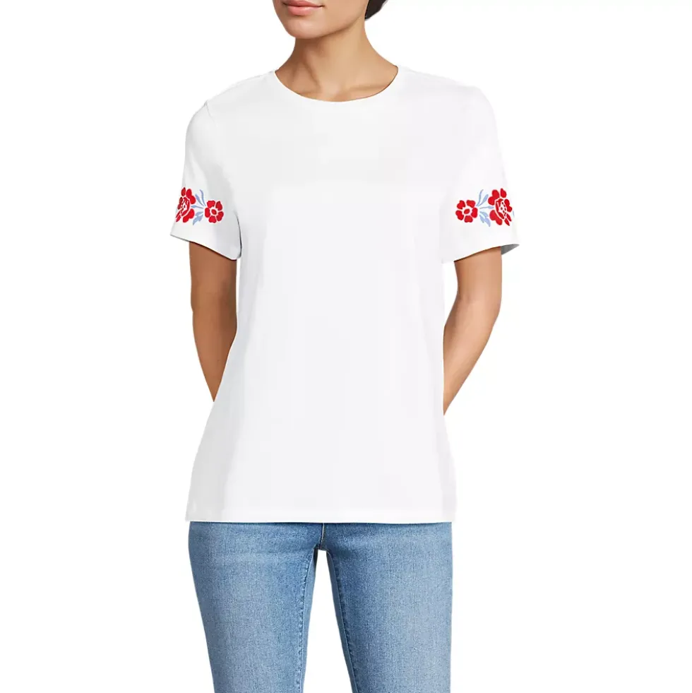 Women's Short Sleeve Supima Cotton Embroidered Crew Neck T Shirt