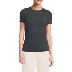 Womens Short Sleeve Tugless Double Layer Crew Neck Knit Top