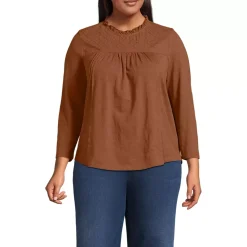 Women's 3/4 Sleeve Cotton Slub Lace Trim Top