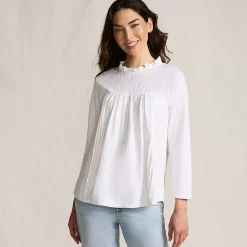 Women's 3/4 Sleeve Cotton Slub Lace Trim Top