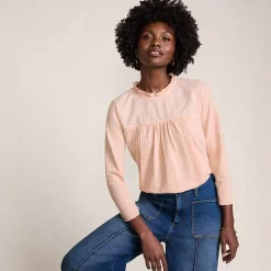 Women's 3/4 Sleeve Cotton Slub Lace Trim Top