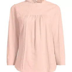 Women's 3/4 Sleeve Cotton Slub Lace Trim Top