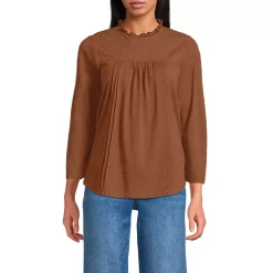 Women's 3/4 Sleeve Cotton Slub Lace Trim Top