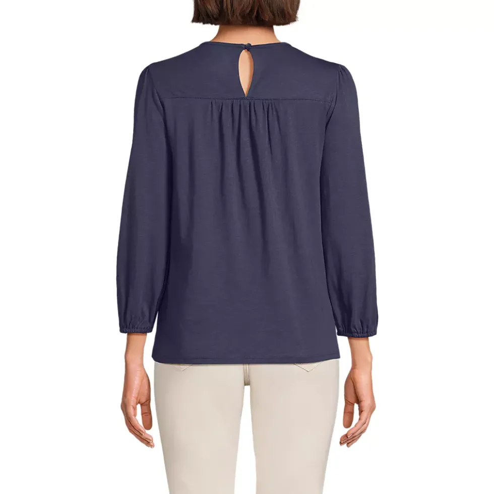 Women's 3/4 Sleeve Eyelet Mix Flowy Top