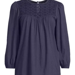 Women's 3/4 Sleeve Eyelet Mix Flowy Top