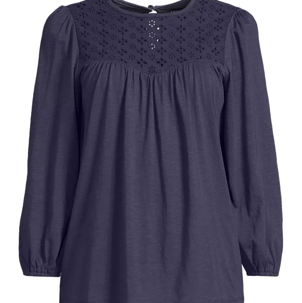 Women's 3/4 Sleeve Eyelet Mix Flowy Top