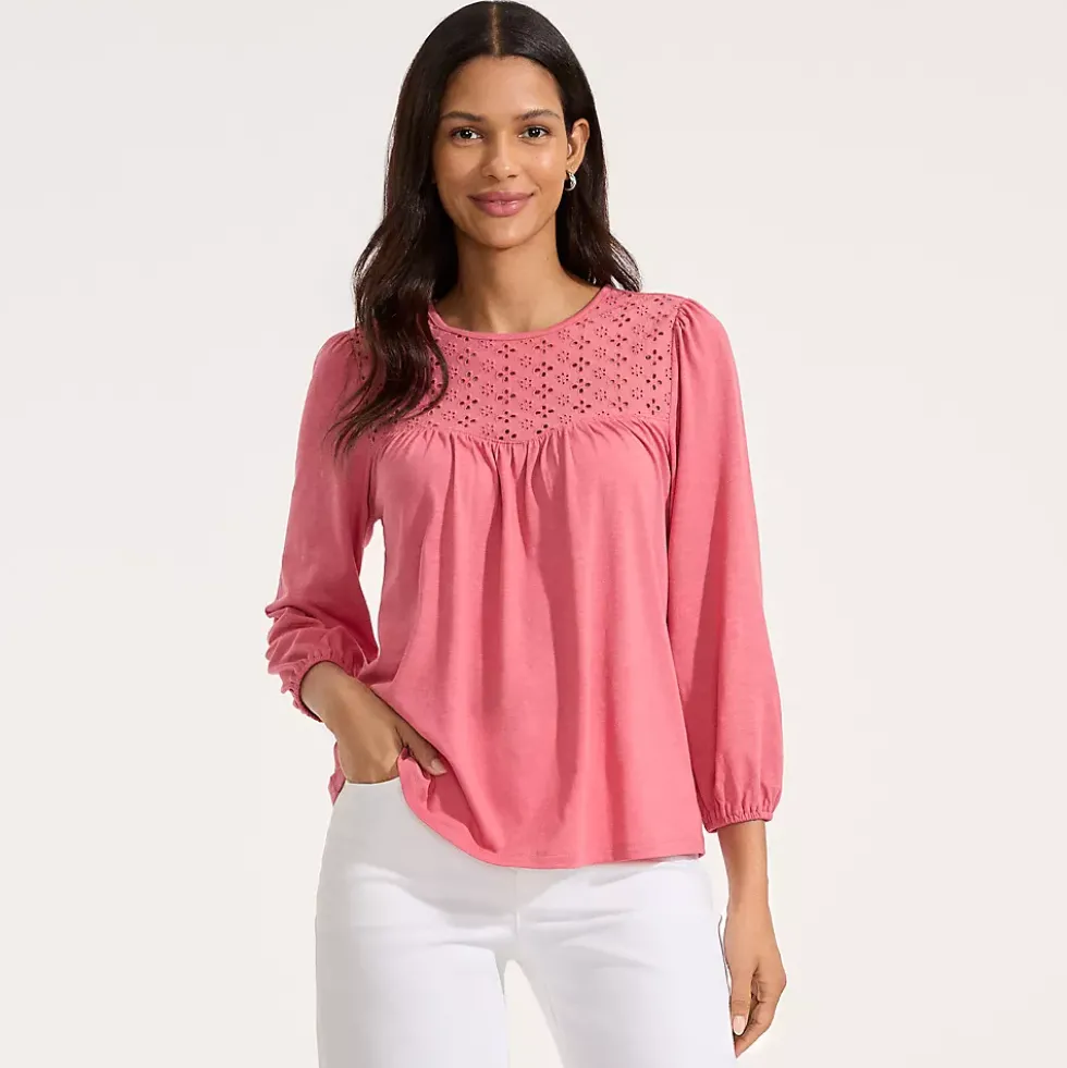 Women's 3/4 Sleeve Eyelet Mix Flowy Top