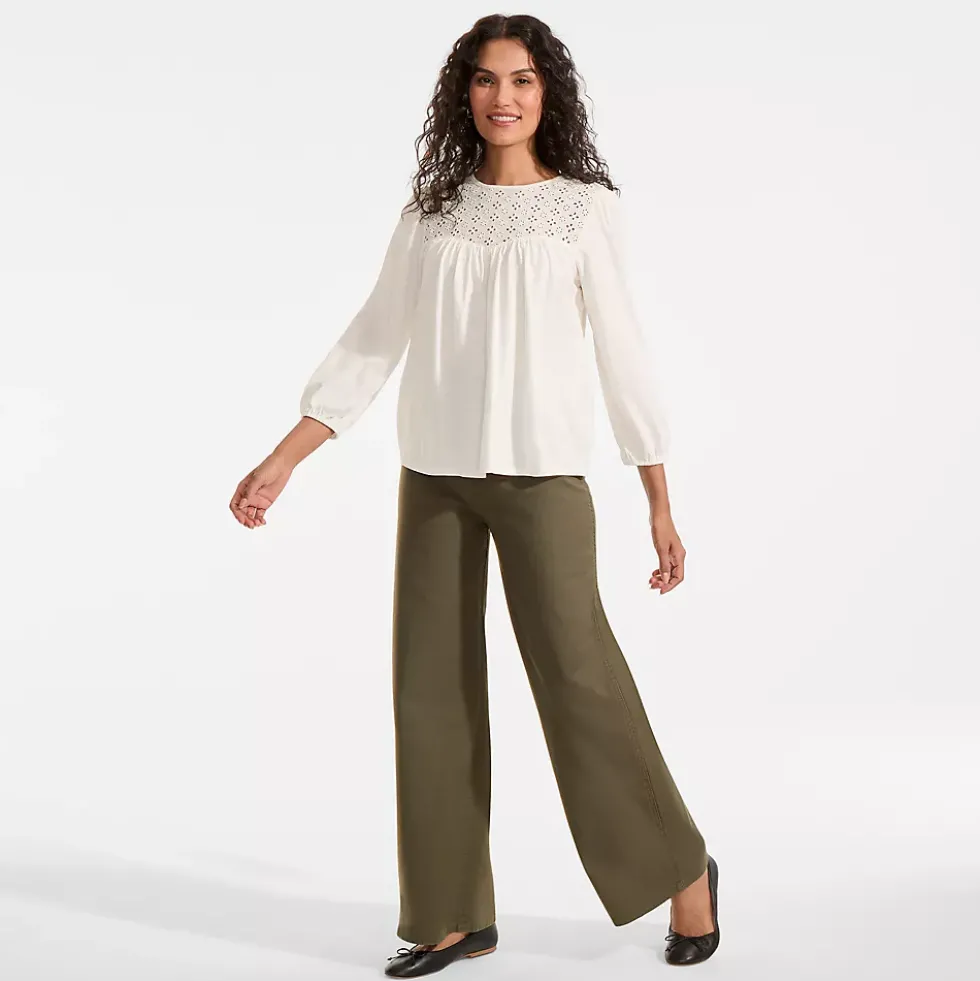 Women's 3/4 Sleeve Eyelet Mix Flowy Top