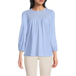 Women's 3/4 Sleeve Eyelet Mix Flowy Top