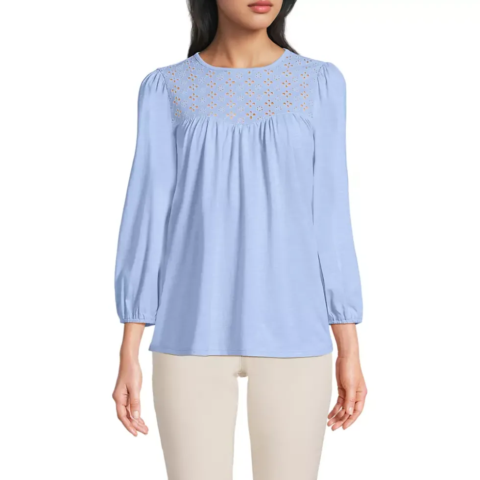 Women's 3/4 Sleeve Eyelet Mix Flowy Top
