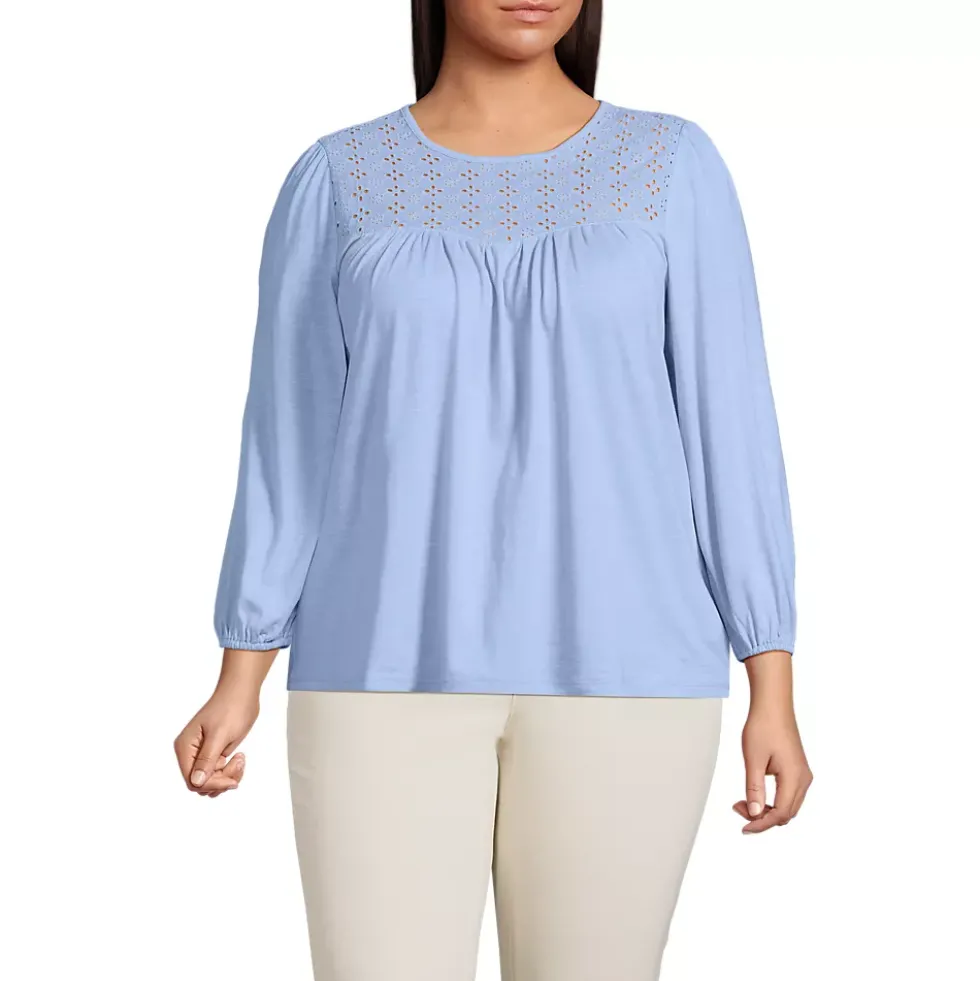 Women's 3/4 Sleeve Eyelet Mix Flowy Top