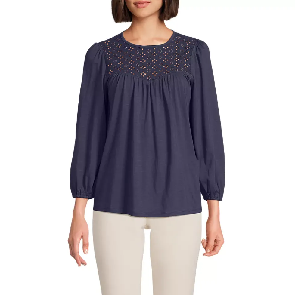 Women's 3/4 Sleeve Eyelet Mix Flowy Top
