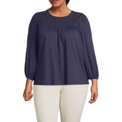 Women's 3/4 Sleeve Eyelet Mix Flowy Top