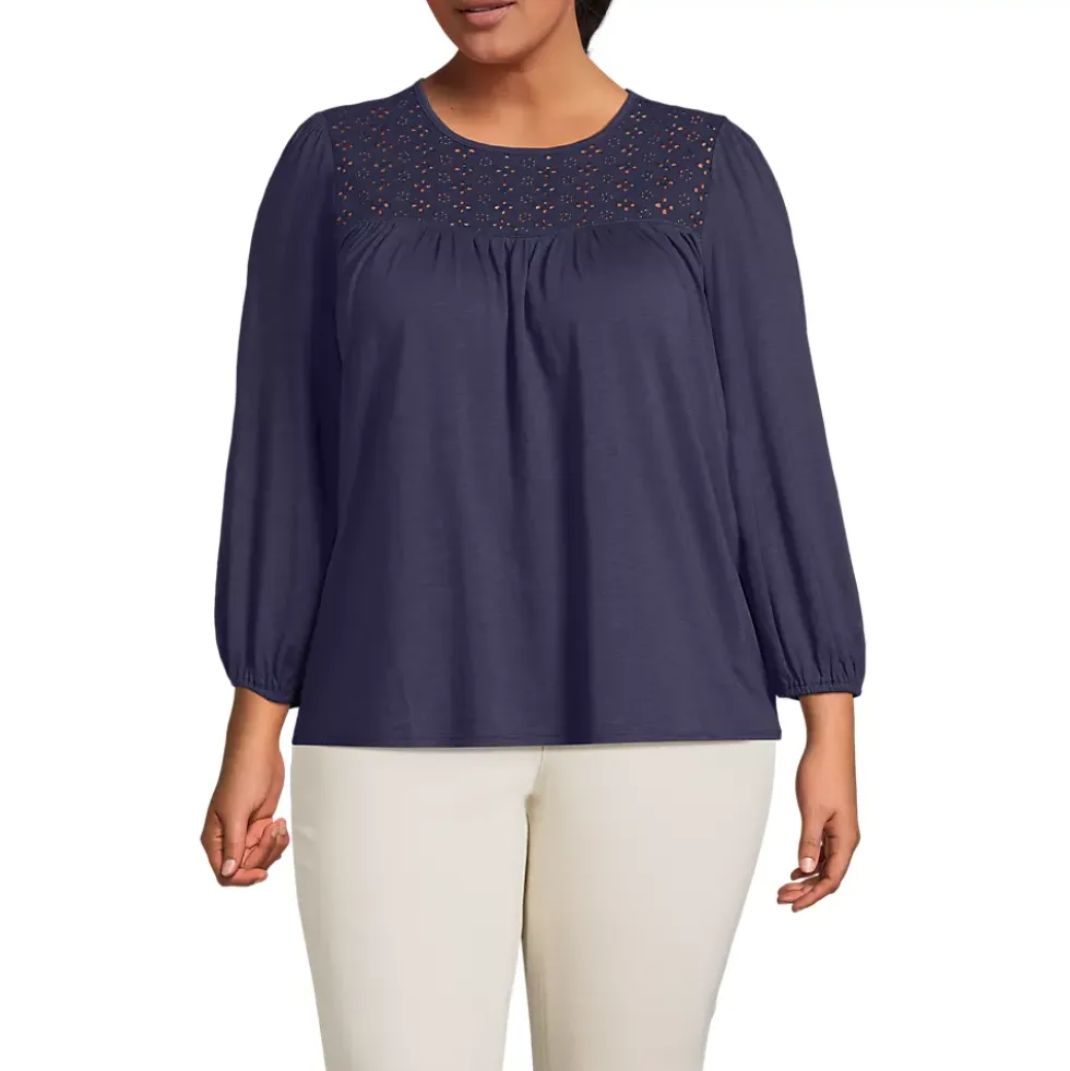 Women's 3/4 Sleeve Eyelet Mix Flowy Top