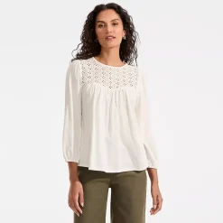 Women's 3/4 Sleeve Eyelet Mix Flowy Top