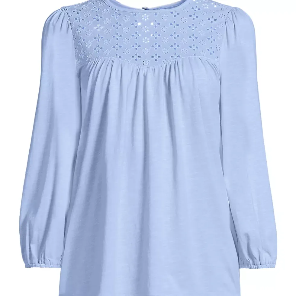 Women's 3/4 Sleeve Eyelet Mix Flowy Top