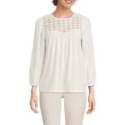 Women's 3/4 Sleeve Eyelet Mix Flowy Top
