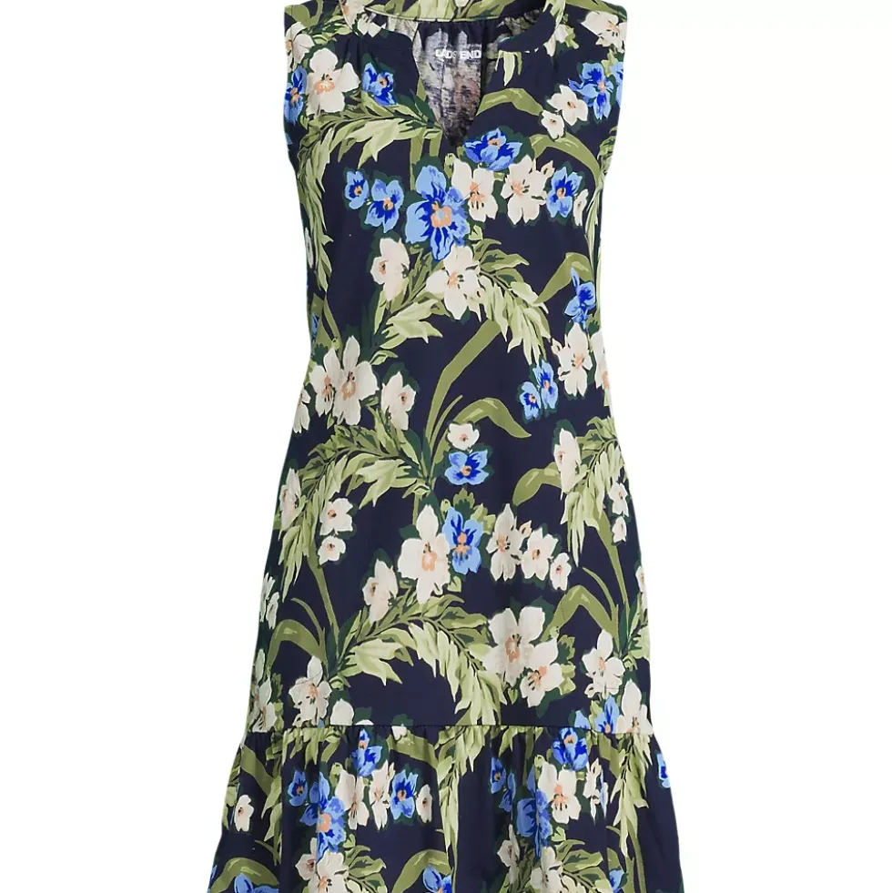 Women's Sleeveless Cotton Jersey Notch Neck Flounce Dress