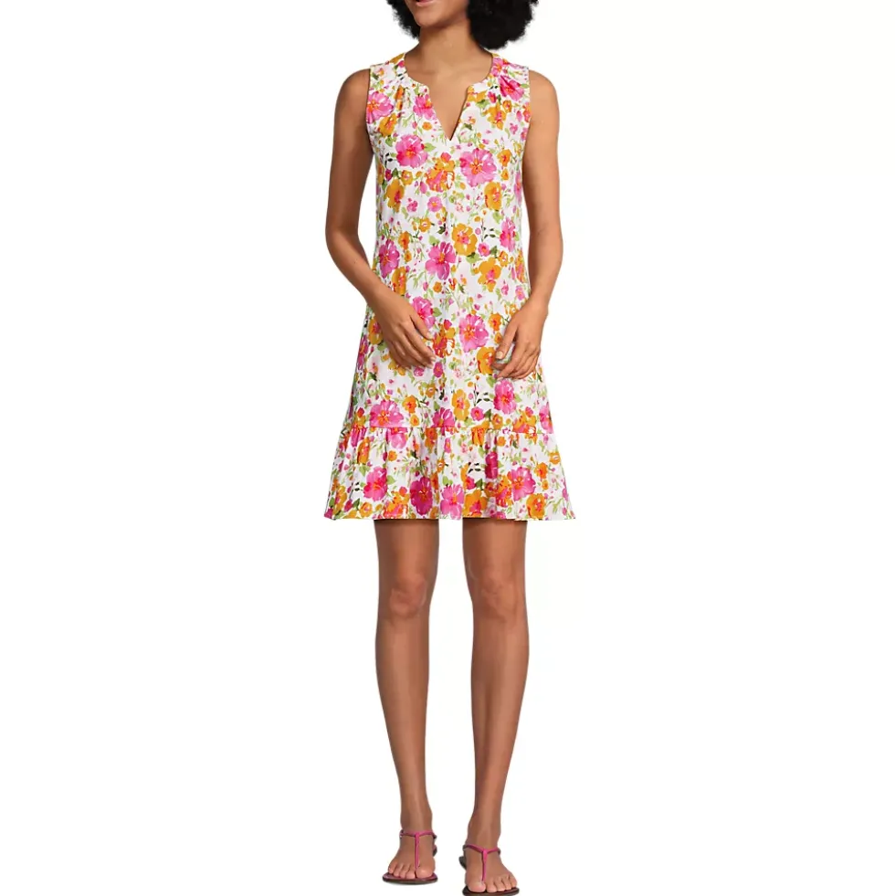 Women's Sleeveless Cotton Jersey Notch Neck Flounce Dress