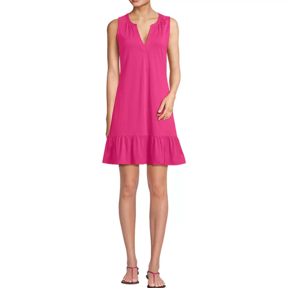 Women's Sleeveless Cotton Jersey Notch Neck Flounce Dress