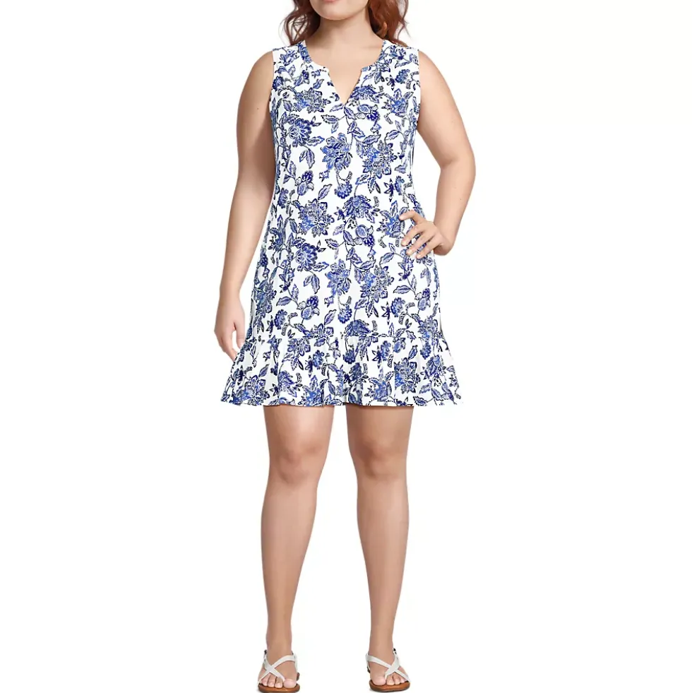 Women's Sleeveless Cotton Jersey Notch Neck Flounce Dress