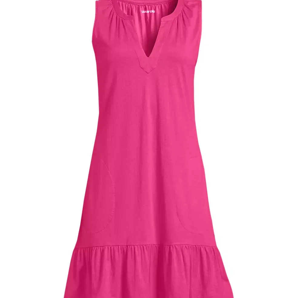 Women's Sleeveless Cotton Jersey Notch Neck Flounce Dress