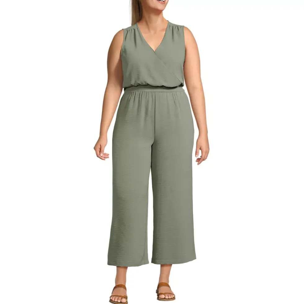 Women's Sleeveless Creaseless Wrap Jumpsuit with Smocked Waist