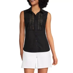 Women's Sleeveless No Iron Shirt with Lace Inset