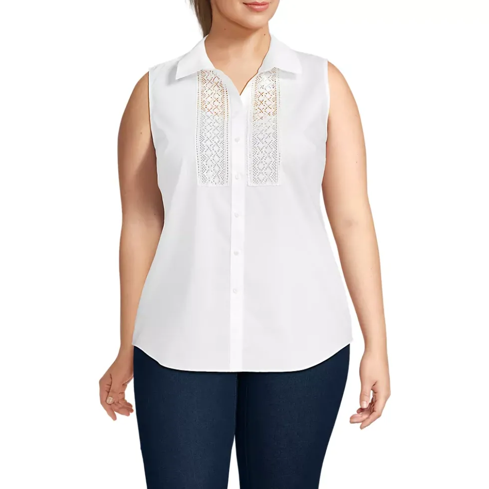 Women's Sleeveless No Iron Shirt with Lace Inset