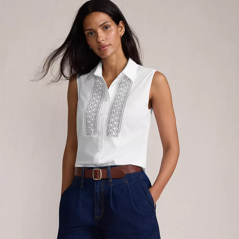 Women's Sleeveless No Iron Shirt with Lace Inset