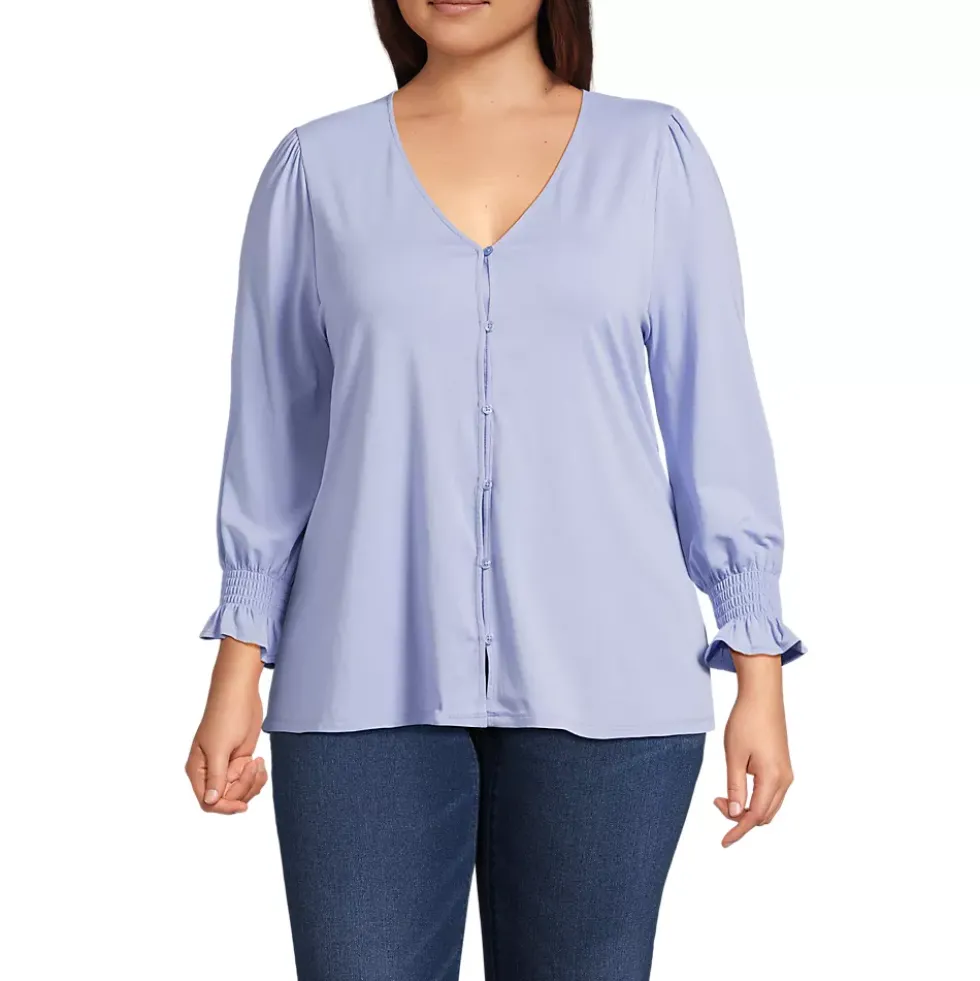 Women's 3/4 Sleeve Lightweight Jersey Button Front Top