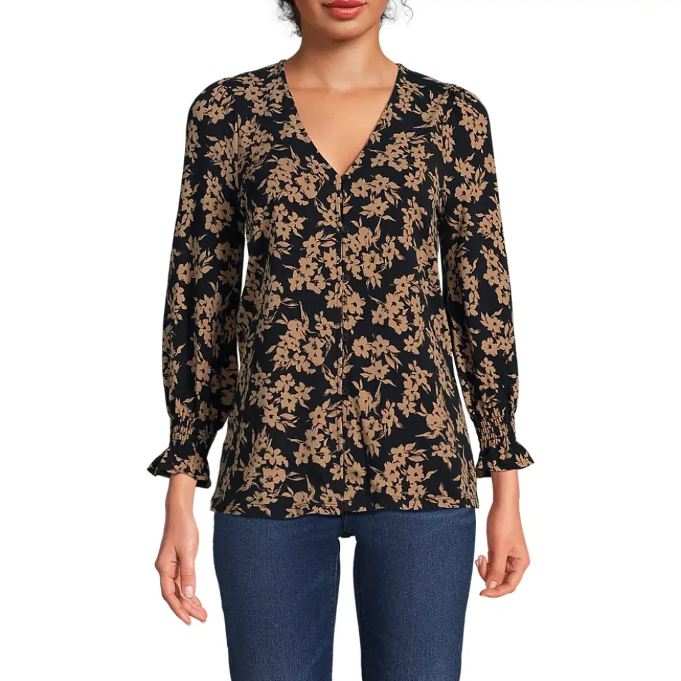 Women's 3/4 Sleeve Lightweight Jersey Button Front Top
