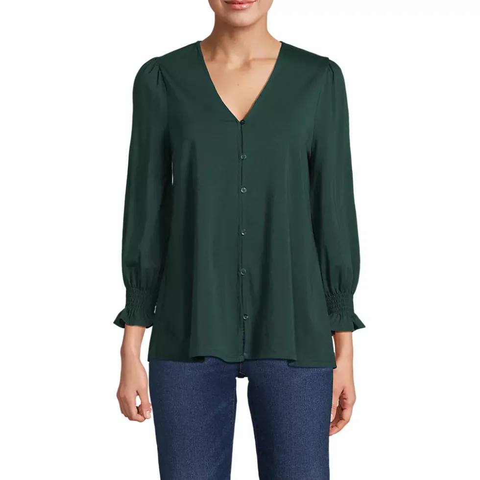 Women's 3/4 Sleeve Lightweight Jersey Button Front Top