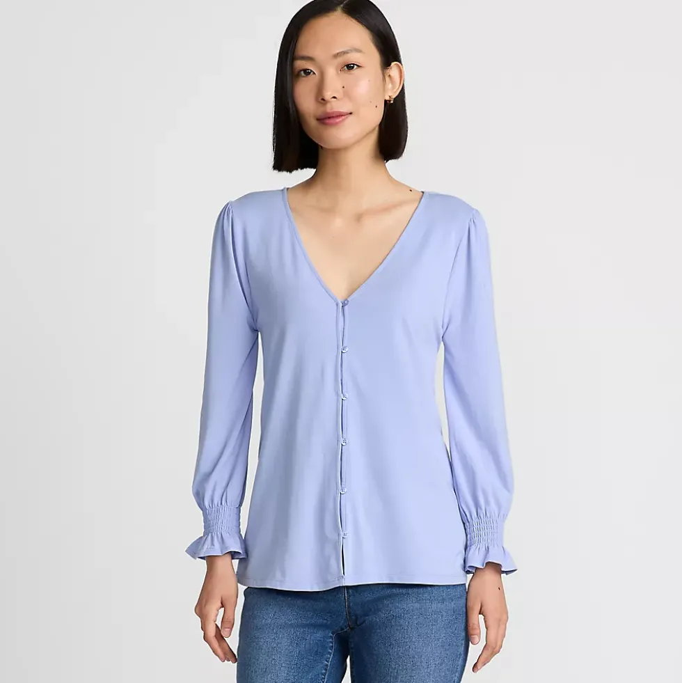 Women's 3/4 Sleeve Lightweight Jersey Button Front Top