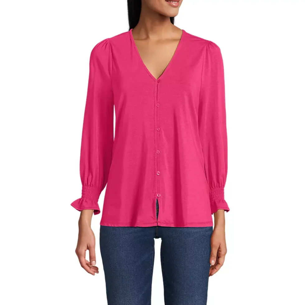 Women's 3/4 Sleeve Lightweight Jersey Button Front Top