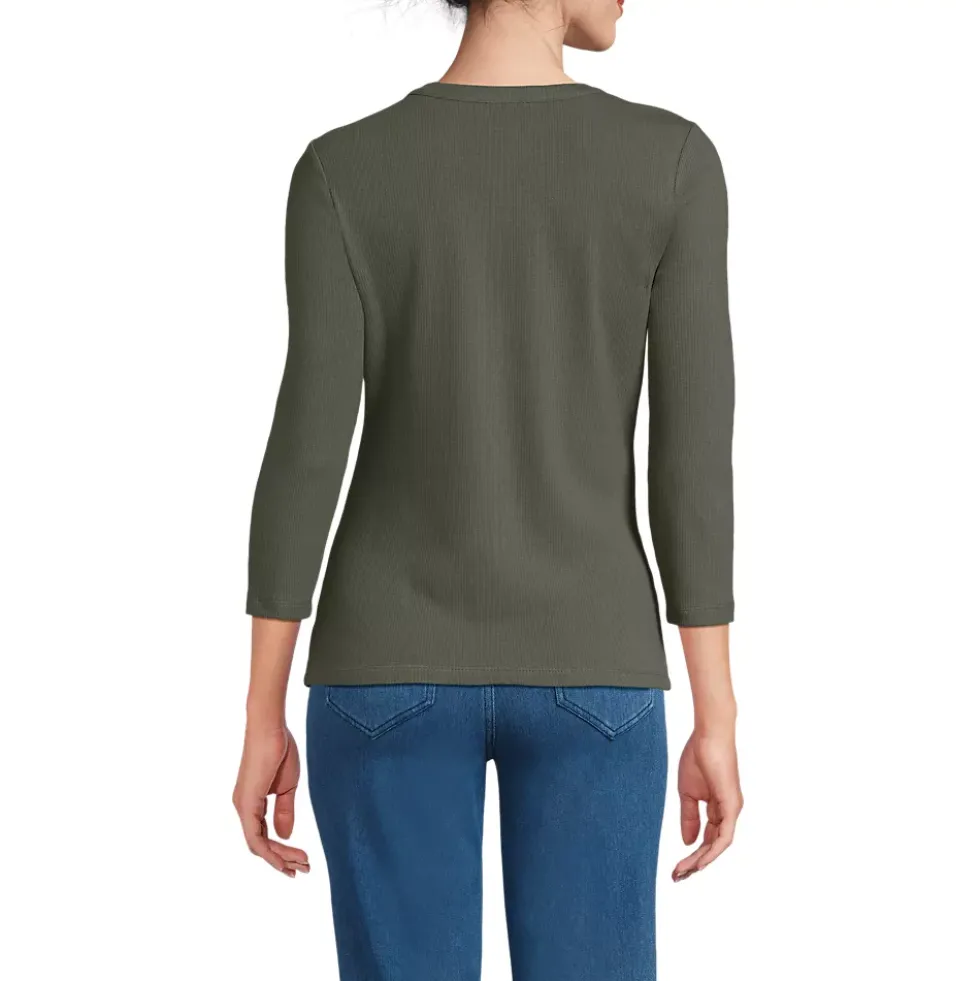 Women's 3/4 Sleeve Polished Rib Henley Top