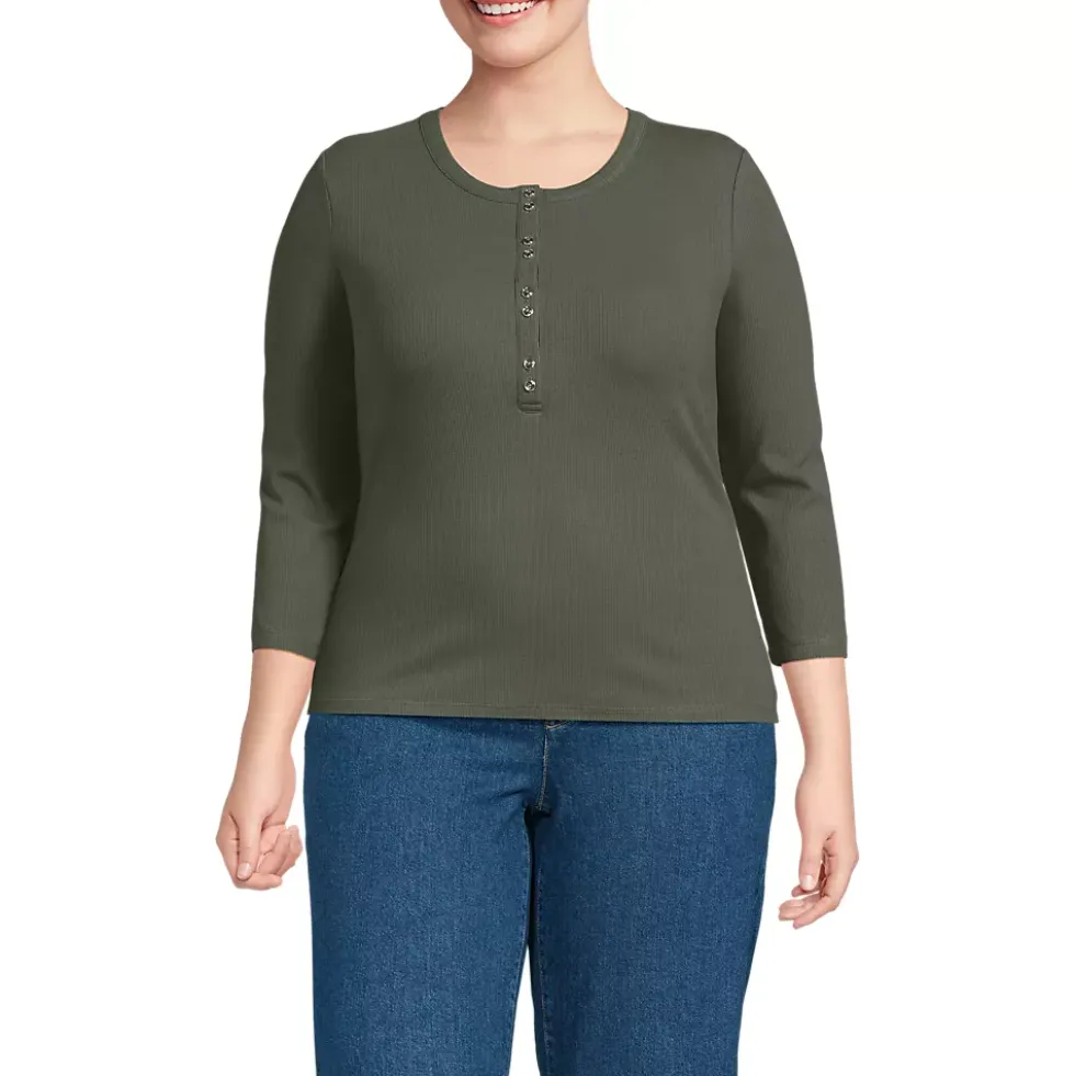 Women's 3/4 Sleeve Polished Rib Henley Top