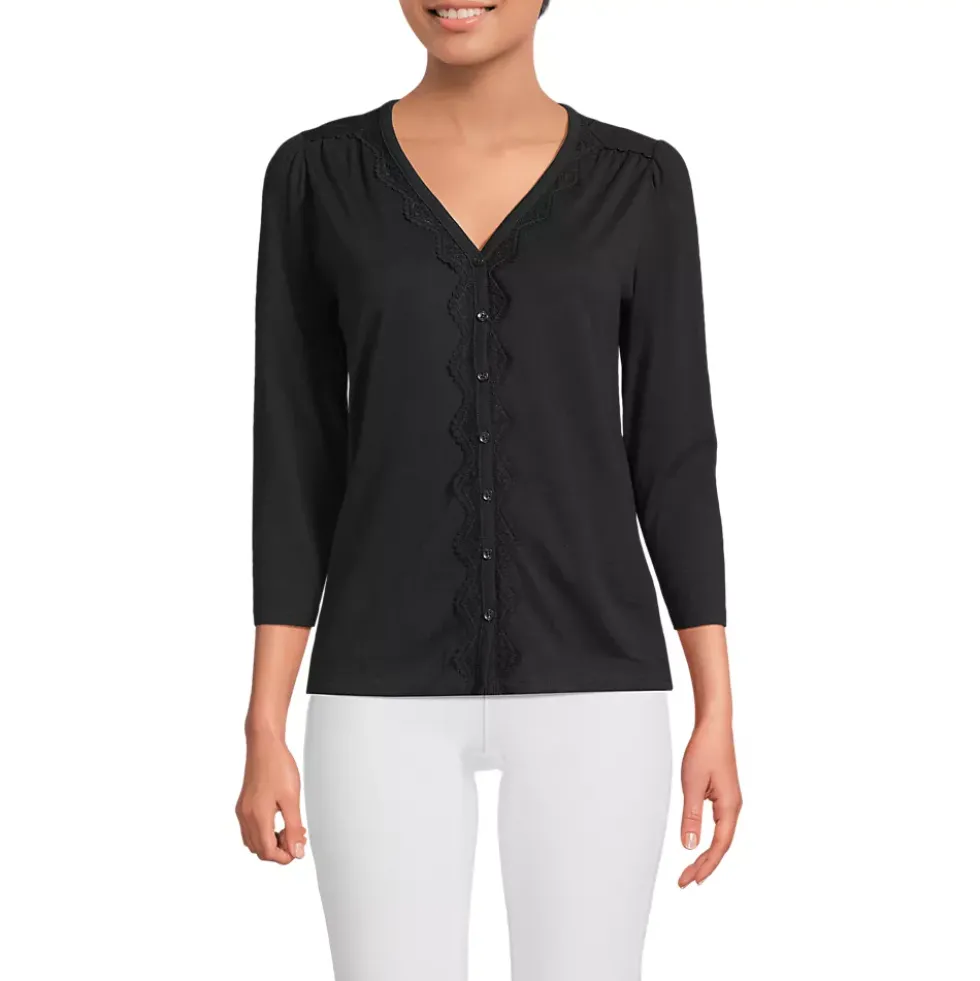 Women's 3/4 Sleeve Slub V-neck Lace Trim Top