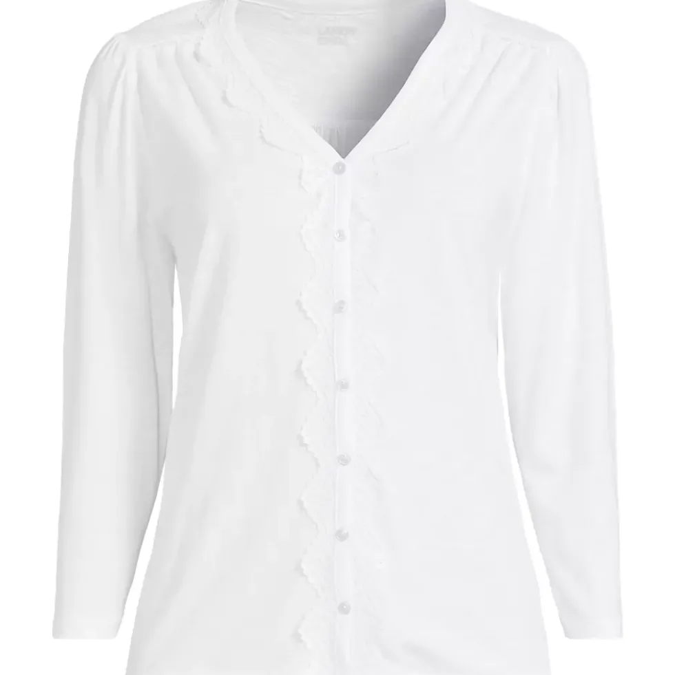 Women's 3/4 Sleeve Slub V-neck Lace Trim Top