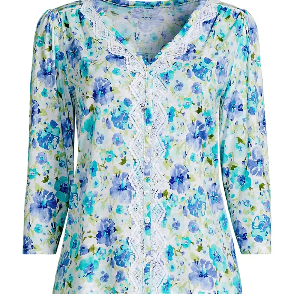Women's 3/4 Sleeve Slub V-neck Lace Trim Top