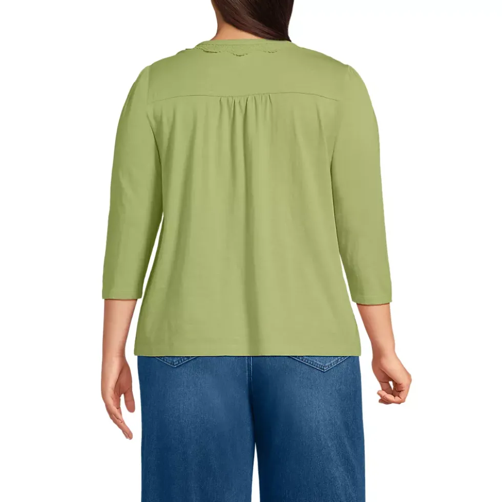Women's 3/4 Sleeve Slub V-neck Lace Trim Top