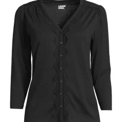 Women's 3/4 Sleeve Slub V-neck Lace Trim Top