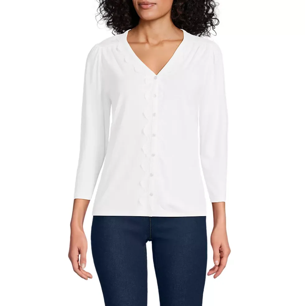 Women's 3/4 Sleeve Slub V-neck Lace Trim Top
