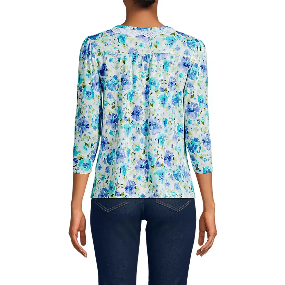 Women's 3/4 Sleeve Slub V-neck Lace Trim Top