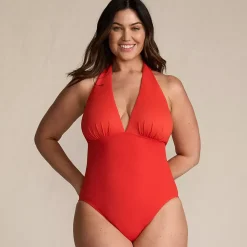 Women's SlenderSuit Halter Ruched Plunge High Leg One Piece Swimsuit