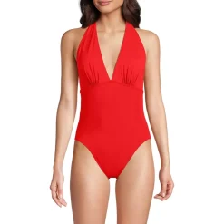 Women's SlenderSuit Halter Ruched Plunge High Leg One Piece Swimsuit