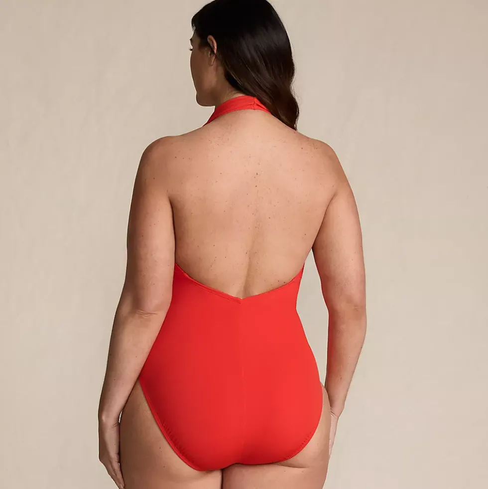 Women's SlenderSuit Halter Ruched Plunge High Leg One Piece Swimsuit