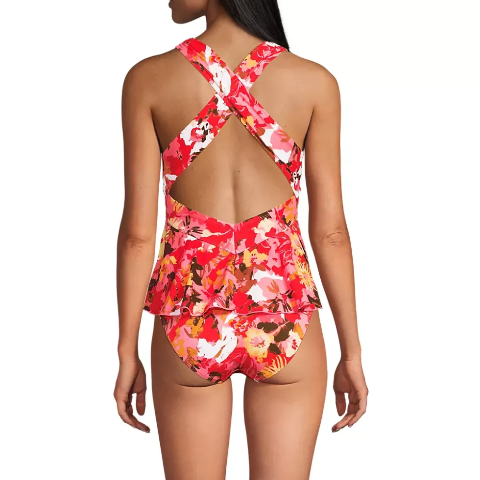 Women's SlenderSuit Plunge Ruched X-Back Ruffle Fauxkini One Piece Swimsuit