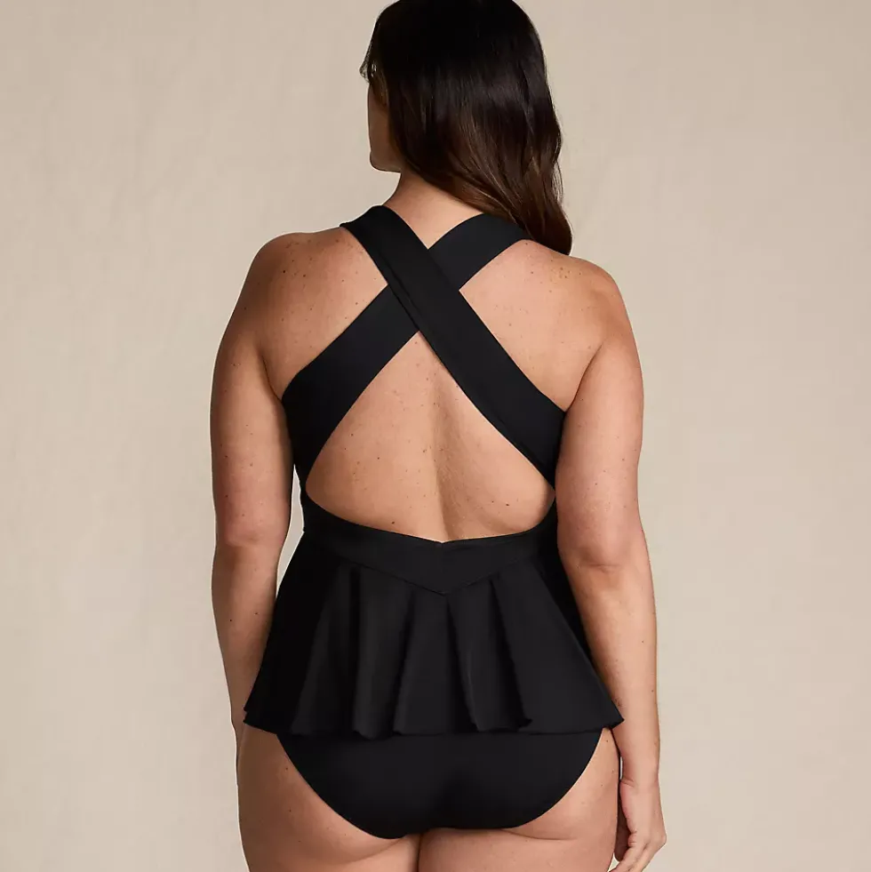 Women's SlenderSuit Plunge Ruched X-Back Ruffle Fauxkini One Piece Swimsuit