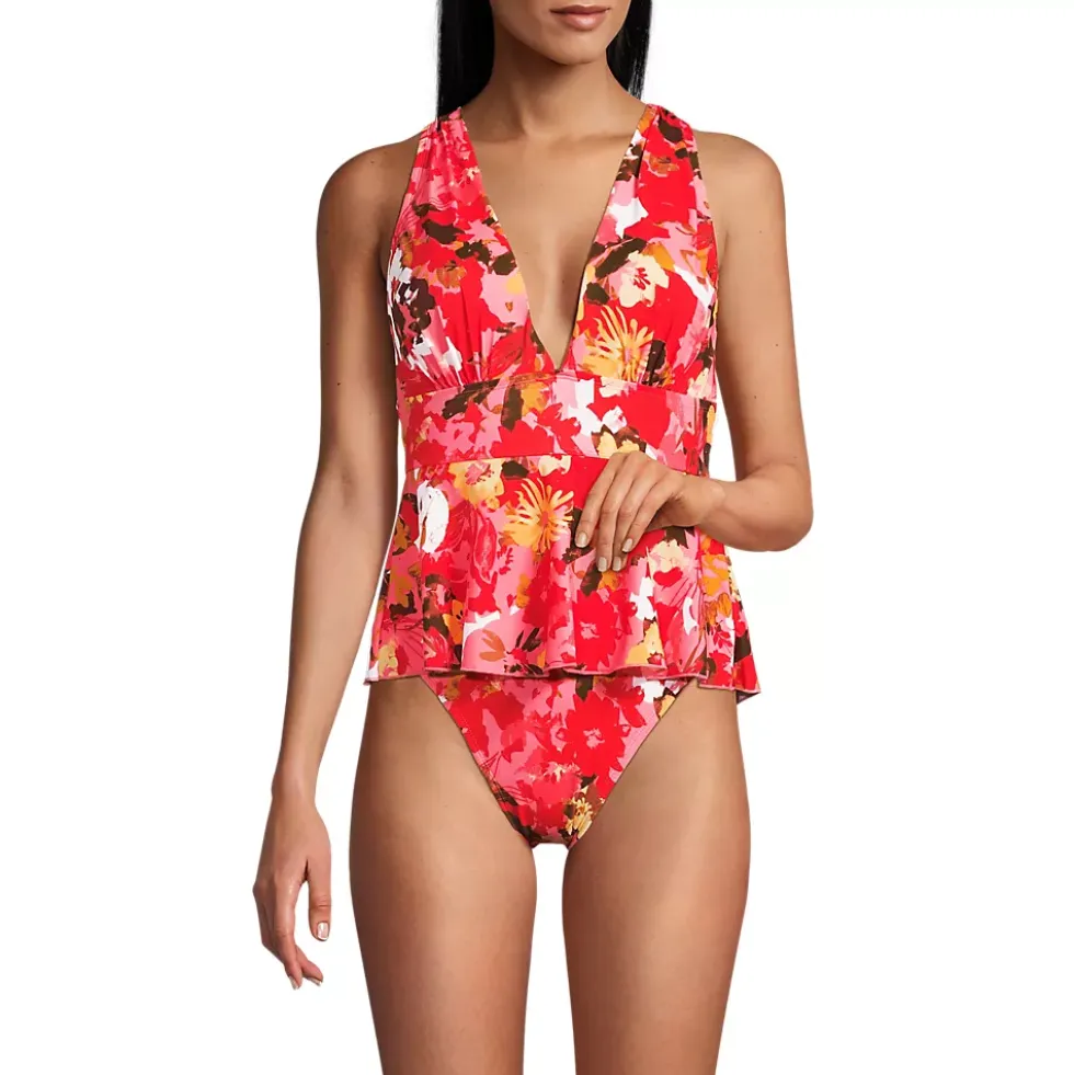 Women's SlenderSuit Plunge Ruched X-Back Ruffle Fauxkini One Piece Swimsuit